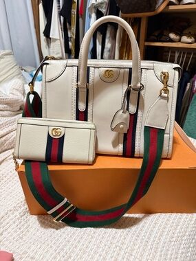 Gucci White Leather Top-Handle Satchel with Red & Green Web Stripe